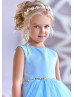 Beaded Blue Satin Tulle Heart Back Flower Girl Dress